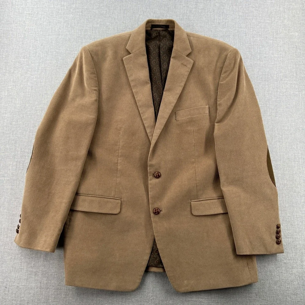 Chaps Mens 44R Corduroy Blazer Sport Coat Tan Beige Suede Elbow Patches Academia